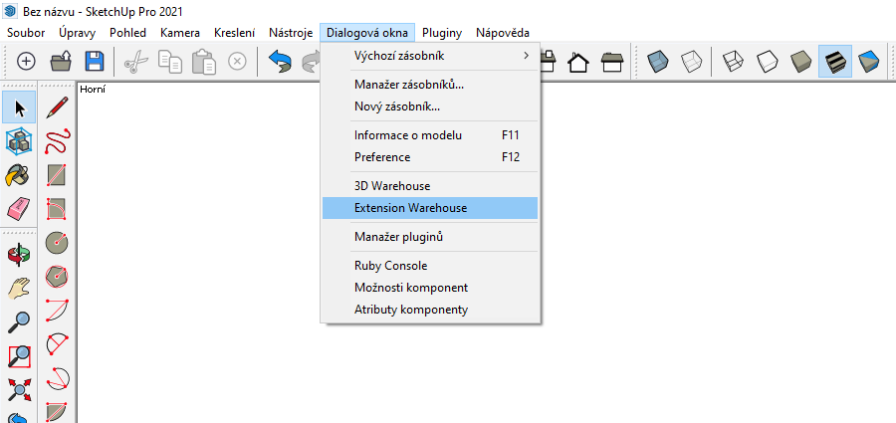 Obrázek 2 - menu Extension Warehouse