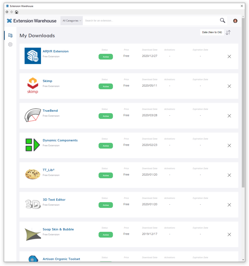 Obrázek 4 - Extension Warehouse, My Downloads