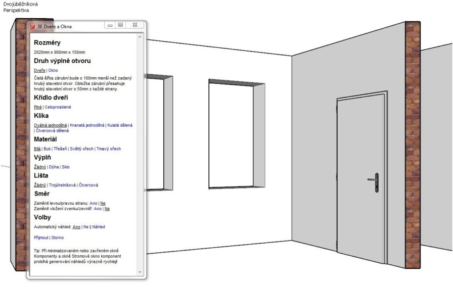 Výplně otvorů pomocí pluginu 3E Dveře & Okna pro SketchUp