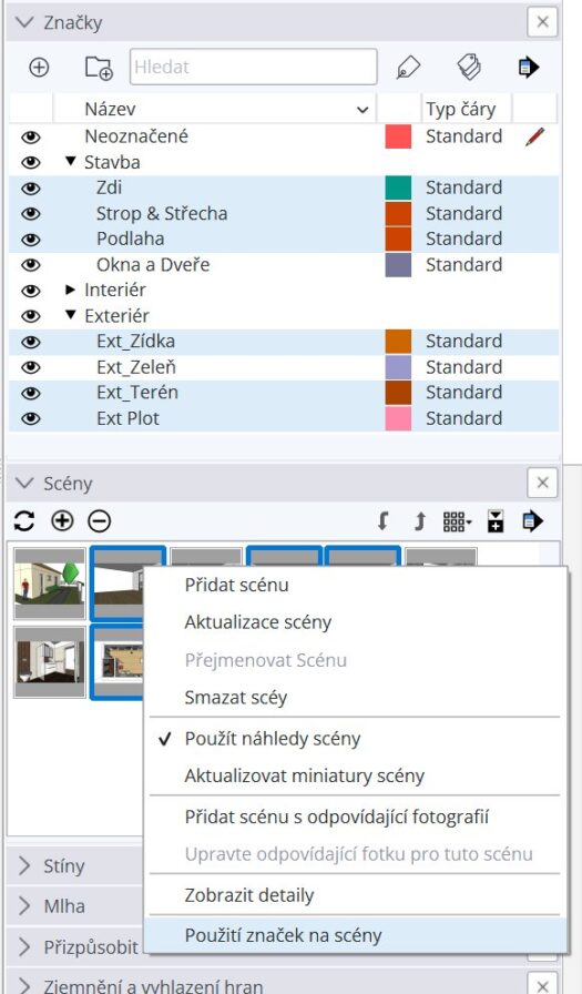 Použít Značky na Scény