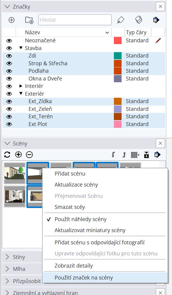 Použít Značky na Scény